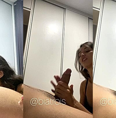 horny Brazilian babe Biatrois sucking and teasing a big cock in the bedroom