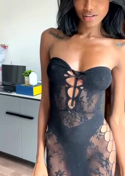 Anna Celeste black dress try on