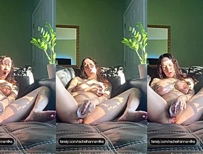 Rachel Hanna fucking a clear dildo on the sofa