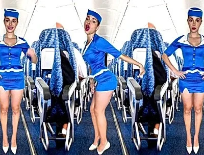 Nicole Block teasing in her blue air-stewardess cosplay