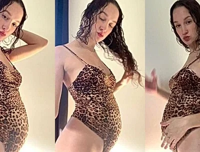 Rachel Hanna teasing her big pregnant belly in leopard outfit